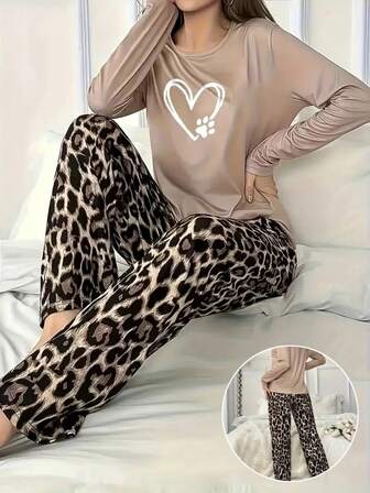 Brown Heart Print Long Sleeve Top & Pants Pajama Set For Women, Fall & Winter Clothes