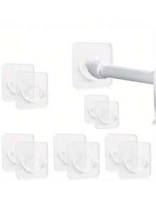 10pcs Clear Adhesive No Drill Curtain Rod Holders - Strong Grip Waterproof Bathroom & Window Tension Rod Holders, Easy Install Wall-Mounted With Curved Design For Semi-Circular Rods, Damage-Free Removal, Minimalist Holder | Durable Plastic Bathroom Decor Christmas Decor