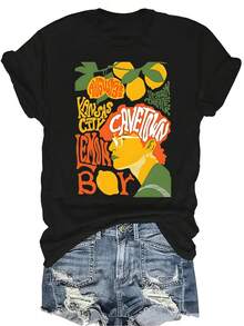 Camiseta de limón C-Avetown, unisex, de verano, casual, transpirable, con personalidad, cuello redondo, manga corta, ropa de calle, versátil, adecuada para adolescentes y adultos - Negro - Ver 1