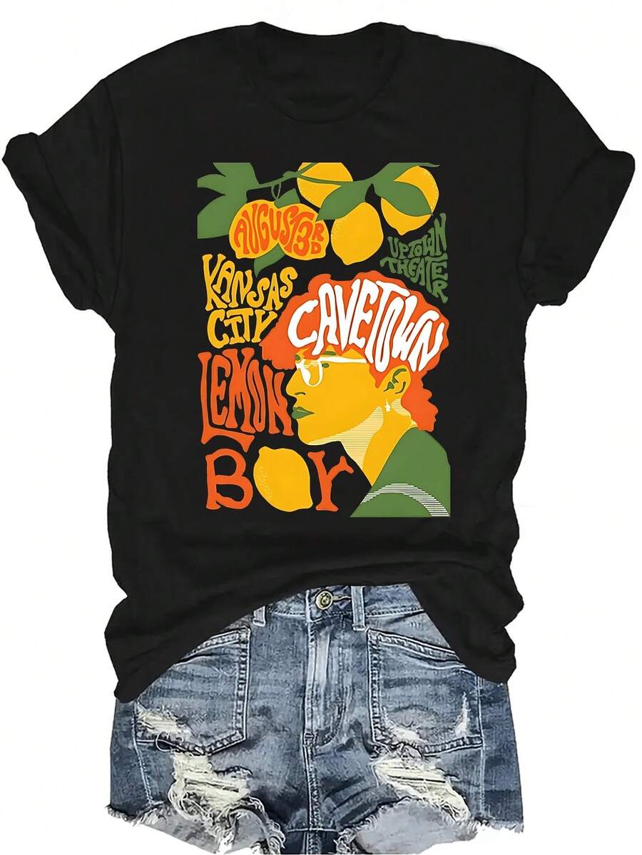 Camiseta de limón C-Avetown, unisex, de verano, casual, transpirable, con personalidad, cuello redondo, manga corta, ropa de calle, versátil, adecuada para adolescentes y adultos - Negro - Ver 1
