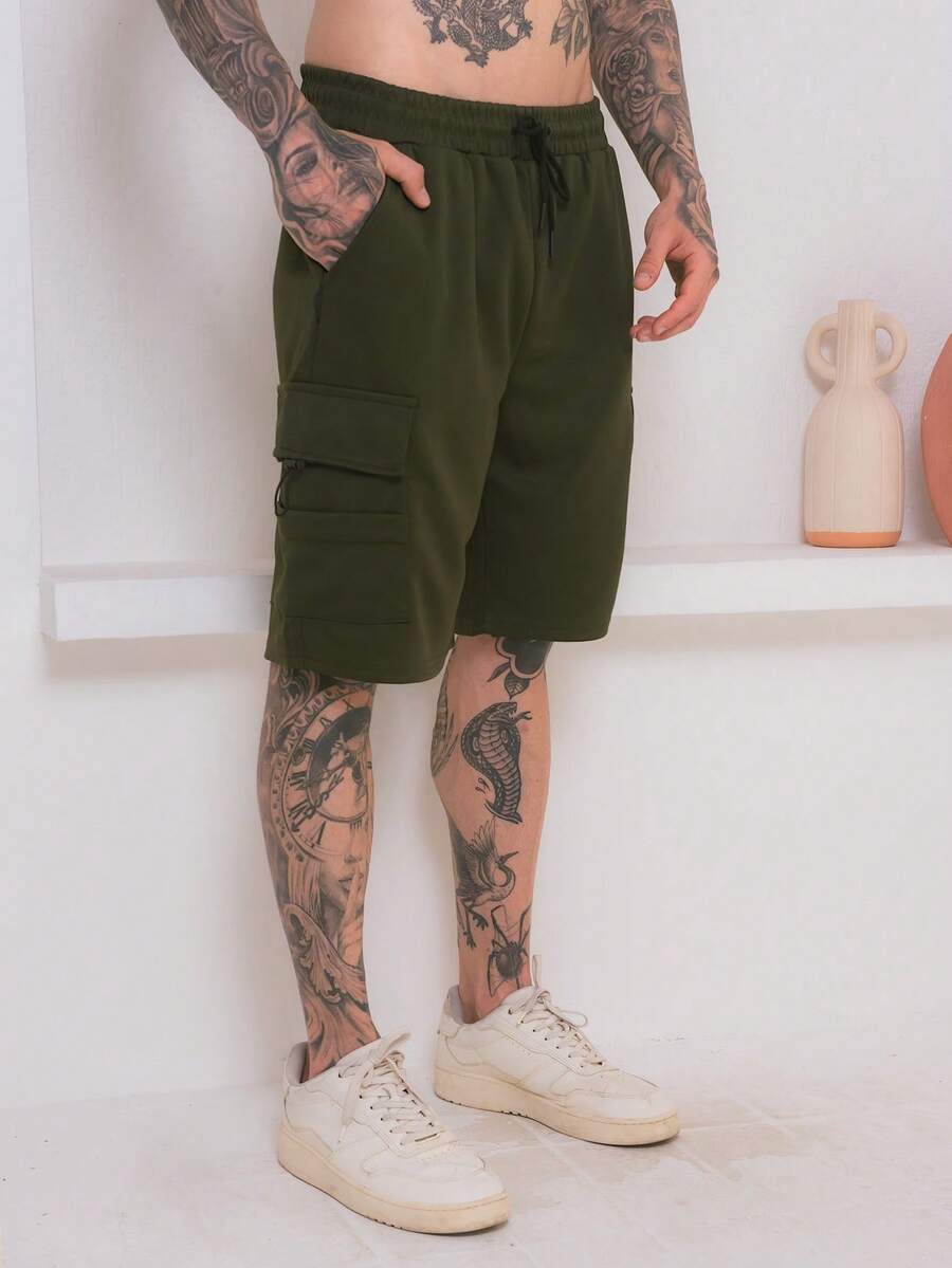 Cargo Shorts With Elastic Waistband - 軍綠色 - 查看 1