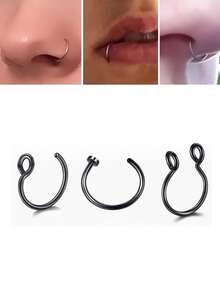 3Pcs Stainless Steel Fake Nose Ring For Women Gold/Silver/Black Septal Ring C Clip Ring For Unisex, Fake Piercing Body Jewelry Non Piercing