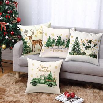 4 st. julgran, snögubbe, ren, bilelement mjuka och bekväma enkelsidiga tryckta örngott (inlägg ingår ej), lämplig för sovrum, vardagsrum, soffa, julfestdekoration