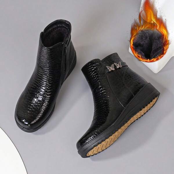 1 par de botas femininas casuais de bolinhas com decoração de laço e plataforma, com zíper, antiderrapantes, adequadas para casamento, escritório, festa, inverno