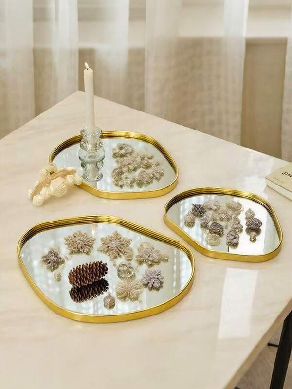 1pc Nordic Style Luxury Gold Mirror Tray, Home Jewelry Holder Tray, Candle Holder, Decorative Tray, Modern Metal Mirror Tray For Jewelry, Fragrance, Cosmetics, Home Decor For Dresser, Living Room, Bathroom