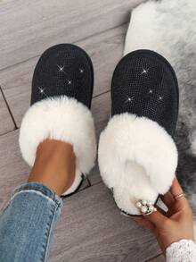 Herbst/Winter Mode einfache vielseitige Lässig Slip-On Plüsch Hausschuhe, weiche warme Fütterung leise dicke Sohle Innen Mittelabsatz geschlossene Zehe Hausschuhe für Teenager Mädchen