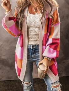Acelitt Women's Colorful Plaid Contrast Color Cute Casual Loose Long Sleeve Cardigan Sweater, Autumn/Winter