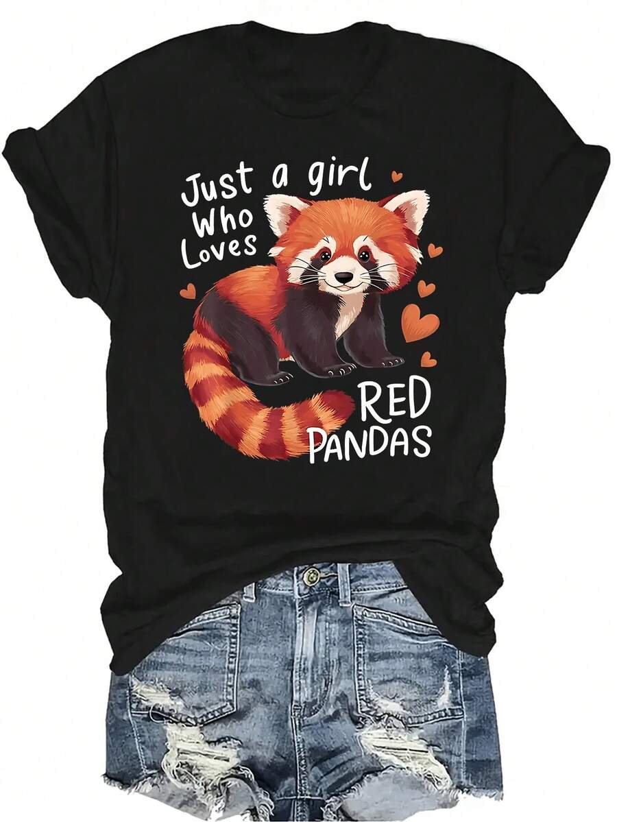 Camiseta con diseño de panda rojo en forma de corazón, unisex, de verano, casual, transpirable, de personalidad, cuello redondo, manga corta, ropa de calle, versátil, adecuada para adolescentes y adultos - Negro - Ver 1