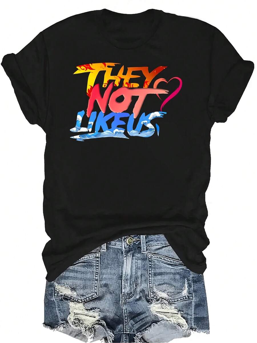 Camiseta "They Don't Like Us" Unisex de verano, casual, transpirable, de personalidad, cuello redondo, manga corta, ropa de calle, versátil, adecuada para adolescentes y adultos - Negro - Ver 1