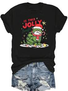 Camiseta unisex de verano casual y transpirable con cuello redondo y manga corta, con estampado de gato navideño y texto "¿Es esto lo suficientemente feliz?". Prenda versátil y adecuada para adolescentes y adultos. - Negro - Ver 1