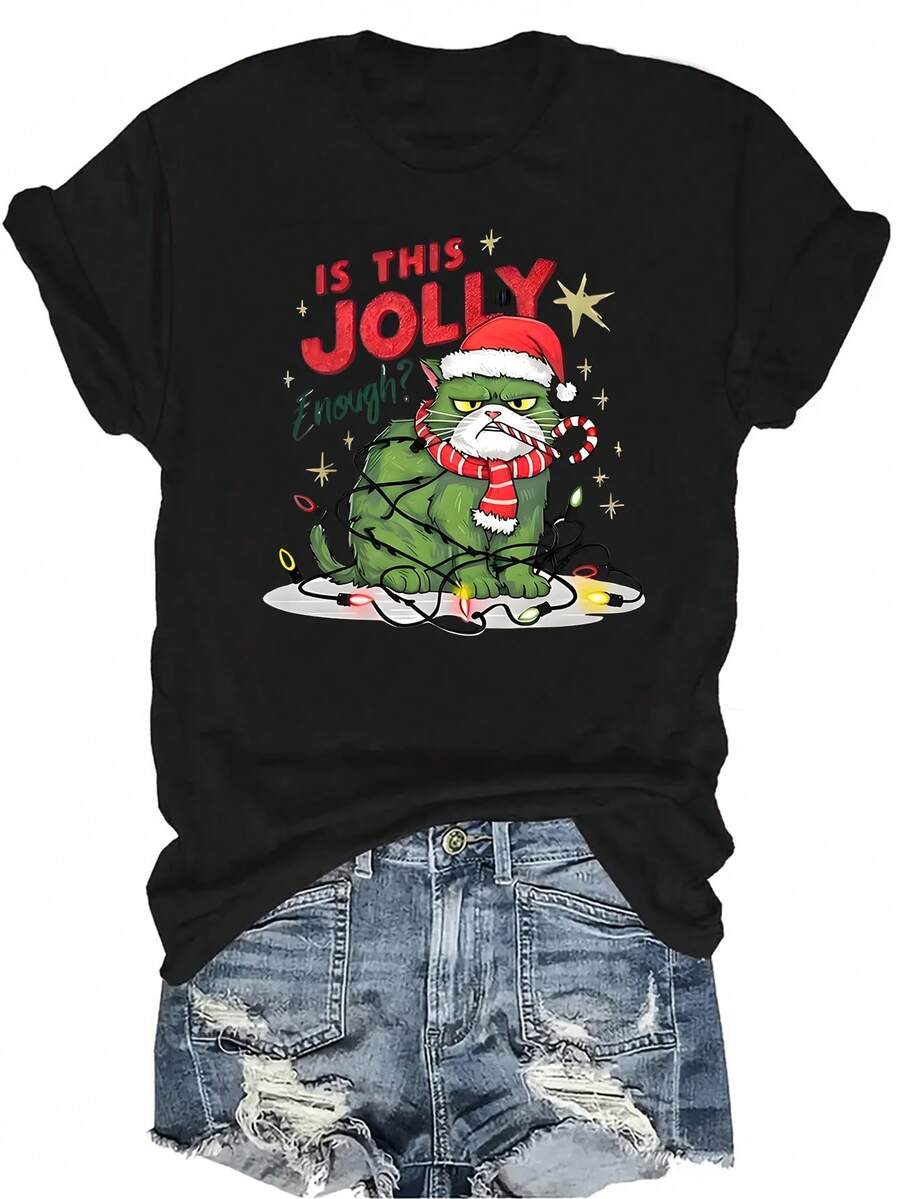 Camiseta unisex de verano casual y transpirable con cuello redondo y manga corta, con estampado de gato navideño y texto "¿Es esto lo suficientemente feliz?". Prenda versátil y adecuada para adolescentes y adultos. - Negro - Ver 1