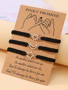 Goodwaro 3pcs Creative Metal Sun, Moon, Star Friendship Bracelets With Handmade Braided Ropes. Suitable For Women For Daily Wear, And Packaged With A Card, Good For Gifting - Black - View 3
