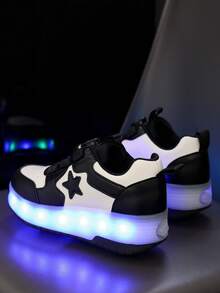 GUANGLAN 2-In-1 LED Light Up Roller Skates For Girls, 2 Wheels Removable USB Rechargeable Roller Skates, Leather Upper, 11 Flashing Modes, 7 Colorful Lights, Unisex Rotatable Button, Easy On/Off, Outdoor Sports - Black and White - View 4