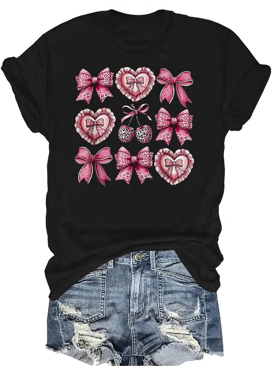 Camiseta unisex de verano casual y transpirable con estampado de leopardo rosa, lazo, encaje y corazón para el Día de San Valentín, de cuello redondo y manga corta, estilo versátil, adecuada para adolescentes y adultos - Negro - Ver 1