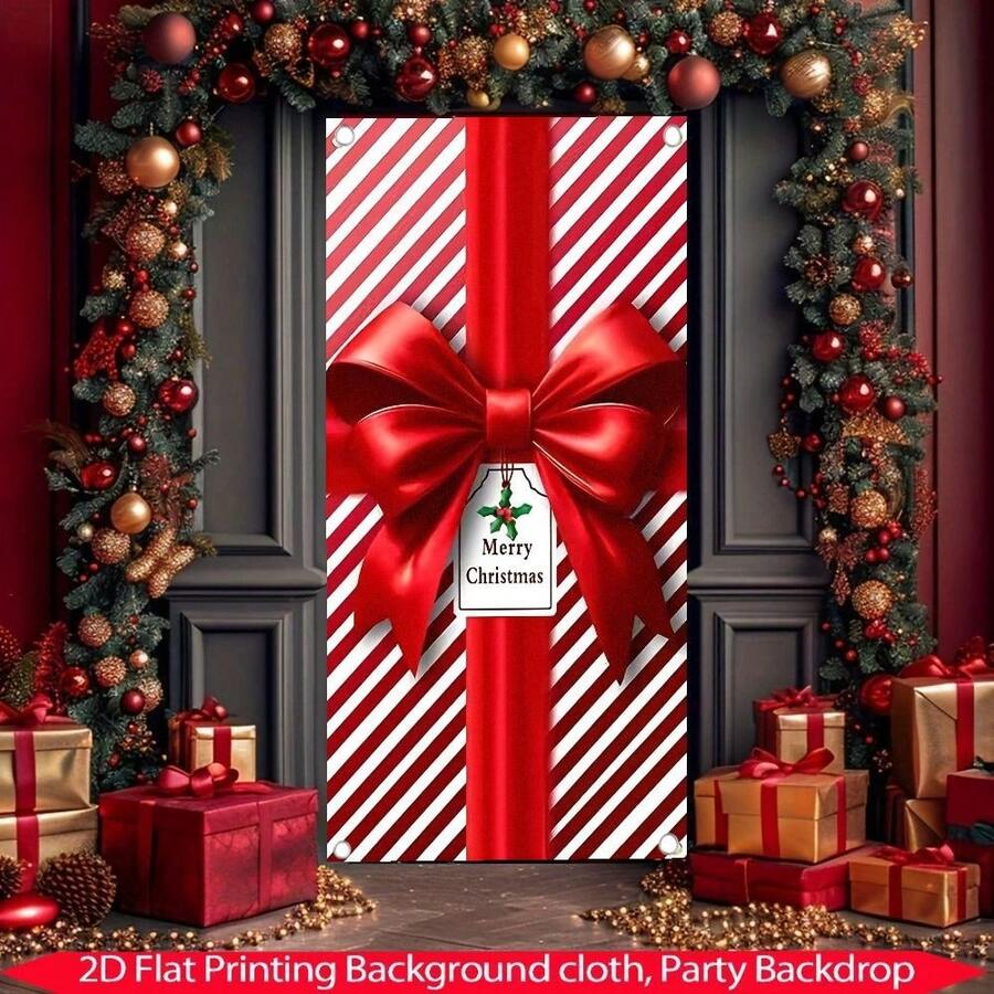 1 pieza Pancarta de fondo con tema navideño rojo con rayas rojas y blancas y diseño de lazo, adecuada para decoración de fiesta de Navidad, decoración de jardín, decoración de pared, fondo de fotografía, aniversario y decoración de patio