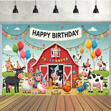 2D 1 Stück Bauernhof Tier Geburtstags Party Hintergrund - Lebendiger Polyester Foto Hintergrund, beinhaltet Scheune, Kuh, Huhn und Luftballons, geeignet für Heim, Garten oder Hoffeierlichkeiten, Mehrzweck Wanddekoration, ohne Strombedarf, Kuh Dekoration