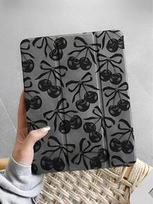 1pcs Classic Element Black Bow Cherry Tablet Case Sleep Wake Compatible With IPad Mini 6/9.7/10.2/10.5/Air 4/Air 5/10th/10.9/Pro 11 Inch/Air 11(M2)/Pro 11(M4) 2024 And GalaxyTab S6LITE 10.4/A7 LITE/A8/A9+/S7/S8/S9/S9FE/S10/S7+ 12.4/S8+ 12.4/S9+ 12.4/S9FE+ 12.4 Transparent Bottom Case TPU PU Material Tri-Fold Flip Leather Case With Pen Slot, Stand Up - 彩色 - 查看 1