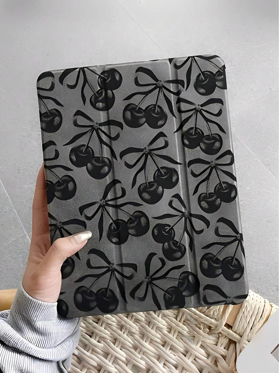 1pcs Classic Element Black Bow Cherry Tablet Case Sleep Wake Compatible With IPad Mini 6/9.7/10.2/10.5/Air 4/Air 5/10th/10.9/Pro 11 Inch/Air 11(M2)/Pro 11(M4) 2024 And GalaxyTab S6LITE 10.4/A7 LITE/A8/A9+/S7/S8/S9/S9FE/S10/S7+ 12.4/S8+ 12.4/S9+ 12.4/S9FE+ 12.4 Transparent Bottom Case TPU PU Material Tri-Fold Flip Leather Case With Pen Slot, Stand Up - 彩色 - 查看 1