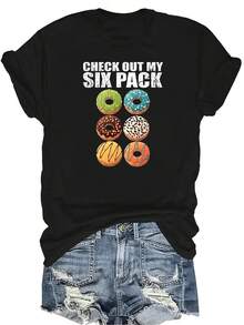 Comprueba mi camiseta de humor de gimnasio con seis donuts divertidos, unisex, de verano, casual, transpirable, de personalidad, de cuello redondo, de manga corta, de ropa urbana, versátil, adecuada para adolescentes y adultos - Negro - Ver 1