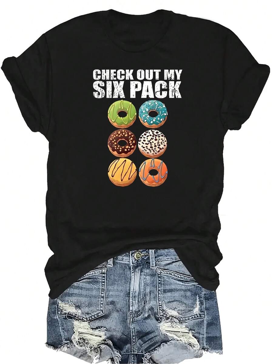 Comprueba mi camiseta de humor de gimnasio con seis donuts divertidos, unisex, de verano, casual, transpirable, de personalidad, de cuello redondo, de manga corta, de ropa urbana, versátil, adecuada para adolescentes y adultos - Negro - Ver 1