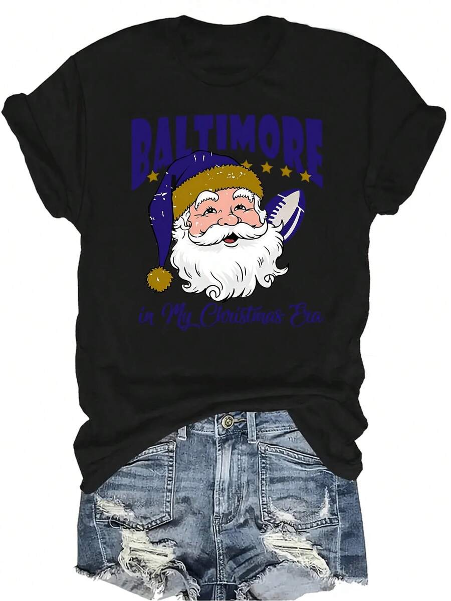 Camiseta de fútbol de Baltimore en mi era navideña Camiseta unisex de verano casual, transpirable, de personalidad, de cuello redondo, de manga corta, ropa de calle, versátil, adecuada para adolescentes y adultos - Negro - Ver 1