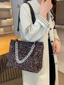 Women's Fashion Leopard Print Large Capacity Tote Bag, Suitable For Daily Commute - Black - View 3