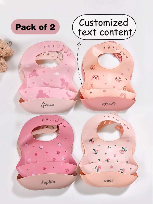 2pcs Customized Baby Bibs, Soft Silicone Adjustable Waterproof Stain-Resistant Bibs, Suitable For Baby Boys And Girls, Personalized Gifts With Rose, Unicorn, Rainbow, Angel Patterns, All-Season, Valentine's Day Series