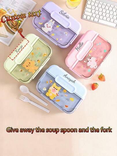 Customized Text Logo Cute Cartoon Kids Bento Lunch Box Set With Spoon & Fork, Student Portable Sealed Compartment Plastic Lunch Box With Cutlery, Leakproof, Easy To Clean, Microwave , Insulated,Kids,Gala Night,Modern,Colorful,Cute