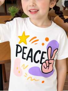 Camiseta de moda para niña. Estampado con letras de PEACE. Suave mezcla con un ajuste cómodo. Top informal. - Blanco - Ver 2