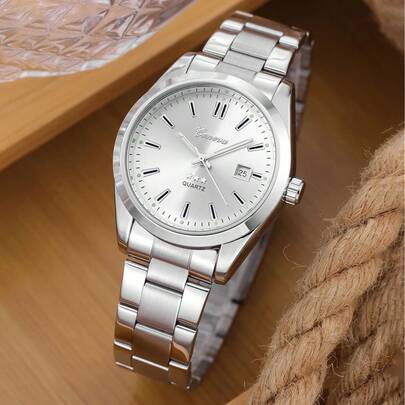 1pc Silver Stainless Steel Round Case Engraved Scale Quartz Watch, Best Birthday Gift For Him, Suitable For Daily Wear, Parties, Gifting, Back To School Season