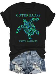 Camiseta con estampado de tortuga de dibujos animados, unisex, de verano, casual, transpirable, de cuello redondo, de manga corta, ropa de calle, versátil, adecuada para adolescentes y adultos - Negro - Ver 1