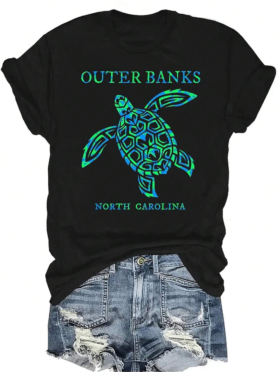 Camiseta con estampado de tortuga de dibujos animados, unisex, de verano, casual, transpirable, de cuello redondo, de manga corta, ropa de calle, versátil, adecuada para adolescentes y adultos - Negro - Ver 1
