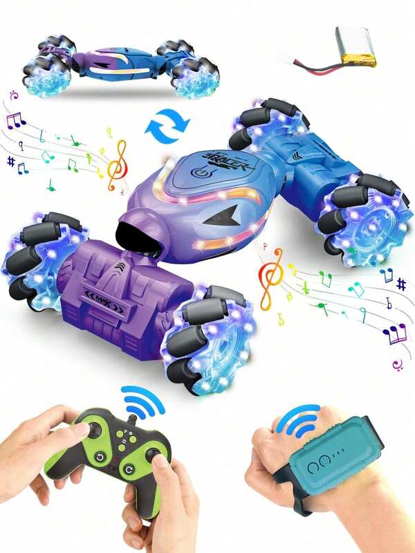 1pc Gesture Sensing Remote Control Stunt Car With Lights And Music, All-Terrain Off-Road Vehicle, Bi-Directional Driving, 4WD Manual Control Remote Twist Car, 360° Rotation Off-Road Toy Car, Cool Christmas/Birthday Gift For 7-12 Years Old Boys And Girls (Purple/Black)
