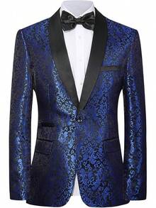 Men's Floral Dinner Party Prom Wedding Stylish Suits For Men One Button Dinner Jacket Pants Sethalloween - 藍色 - 查看 1