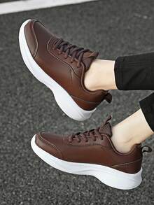 Women's Lightweight Black Casual Sneakers, Breathable, Waterproof, Comfortable Thick Sole, Fashionable Solid Color Synthetic Leather Non-Slip Low-Top Leisure Shoes, Suitable For All Seasons, Size 35-45