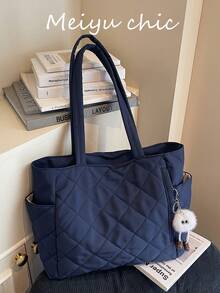 时尚大容量纯色单肩手提包，双提手设计，轻便易携，女士钱包，海军蓝钱包，带吊坠的单肩包，帆布手提包，女士休闲绗缝大容量手提包，夏季户外旅行和观光的理想之选，必备背包，蓝色 - 藏蓝色 - 查看 3