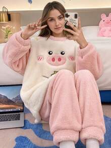 Cute Pig & Strawberry Plush Pajama Set - Polyester Fleece Winter Loungewear - Hồng - Xem 9