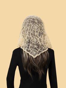 1pc Women's Vintage Rose Flower Ruffle Edge Triangular Scarf Shawl, Fashion Soft Breathable Scarf, Women's Elegant Outdoor Decorative Headscarf, Church Wedding Veil, Graceful Gift