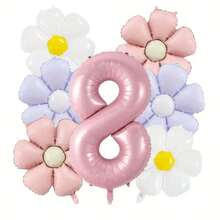 Set de 8 globos con números rosas tipo margarita, incluye números grandes de 32 pulgadas en rosa de 1, 2, 3, 4, 5, 6, 7, 8, 9, y 18 pulgadas de margaritas vintage mate en blanco, rosa y morado, para decorar fiestas de jardín, cumpleaños, decoración del hogar y escenarios al aire libre