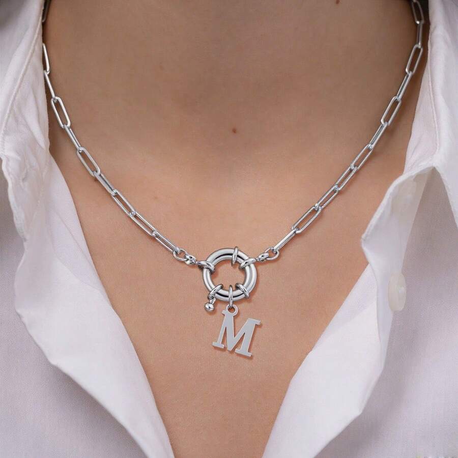 1pc New Classic Letter Pendant Spring Clasp Silver Stainless Steel Paperclip Chain Necklace, Women - Silver - View 1