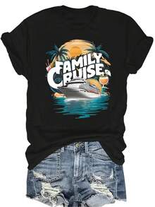 Camiseta de crucero familiar de aventura, unisex, de verano, casual, transpirable, con personalidad, cuello redondo, manga corta, ropa de calle, versátil, adecuada para adolescentes y adultos - Negro - Ver 1
