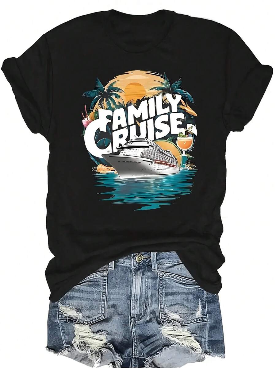 Camiseta de crucero familiar de aventura, unisex, de verano, casual, transpirable, con personalidad, cuello redondo, manga corta, ropa de calle, versátil, adecuada para adolescentes y adultos - Negro - Ver 1