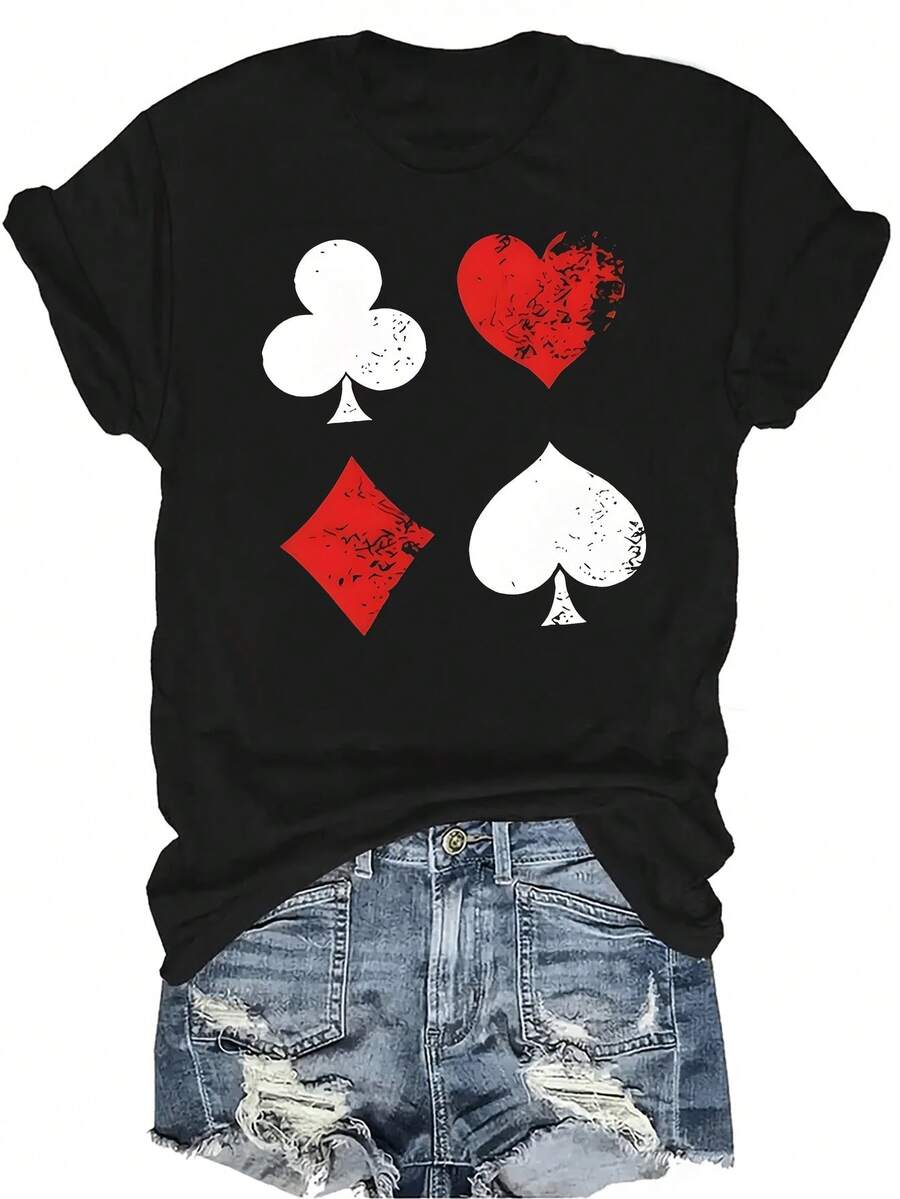 Camiseta con diseño de cartas de casino, unisex, de verano, casual, transpirable, con cuello redondo, manga corta, estilo urbano, versátil, adecuada para adolescentes y adultos - Negro - Ver 1
