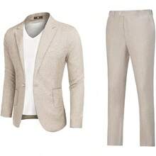 Mens Linen Suits 2 Piece Beach Wedding Blazer Summer Grooms Classic Lightweight Breathable Jacket Pantshalloween - Xanh nhạt - Xem 9