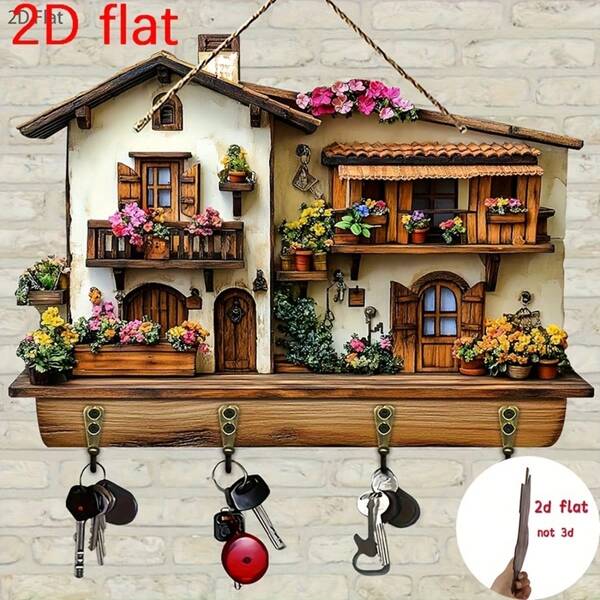 1 件 2D 平面迷人花卉小屋木制多功能钥匙架，带 4 个金属挂钩，墙壁装饰，门廊装饰，房间/别墅季节性主题装饰，2D 平面，圣诞节节日装饰
