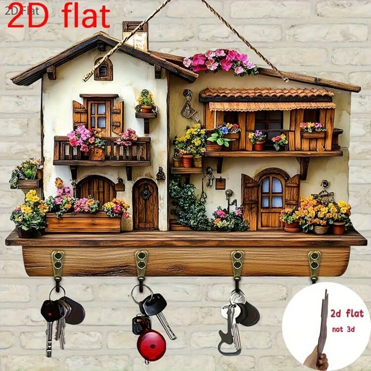 1 件 2D 平面迷人花卉小屋木制多功能钥匙架，带 4 个金属挂钩，墙壁装饰，门廊装饰，房间/别墅季节性主题装饰，2D 平面，圣诞节节日装饰 - 彩色 - 查看 1