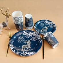 圣诞装饰 60 件/套圣诞主题一次性派对餐具套装，包括驯鹿设计一次性盘子、圣诞快乐一次性杯子、圣诞主题派对用品 - 彩色 - 查看 2