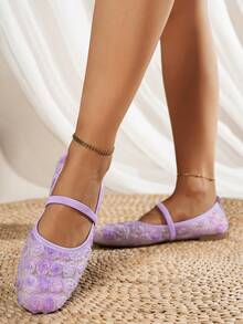 Fall/Winter Elegant Rose Flower Square Toe Lace Mesh Women's Shoes, Outdoor Casual Wedding Party Breathable Hollow Flat Ballet Flats, Versatile Loafers,Mary Jane - Purple - View 4