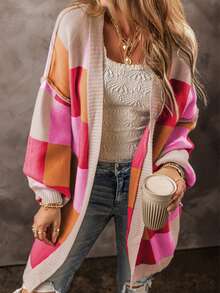 Acelitt Women's Colorful Plaid Contrast Color Cute Casual Loose Long Sleeve Cardigan Sweater, Autumn/Winter