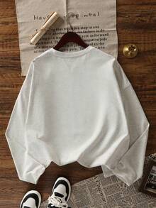 女士灰色字母印花长袖圆领T恤，休闲百搭，初秋 - 灰色 - 查看 4